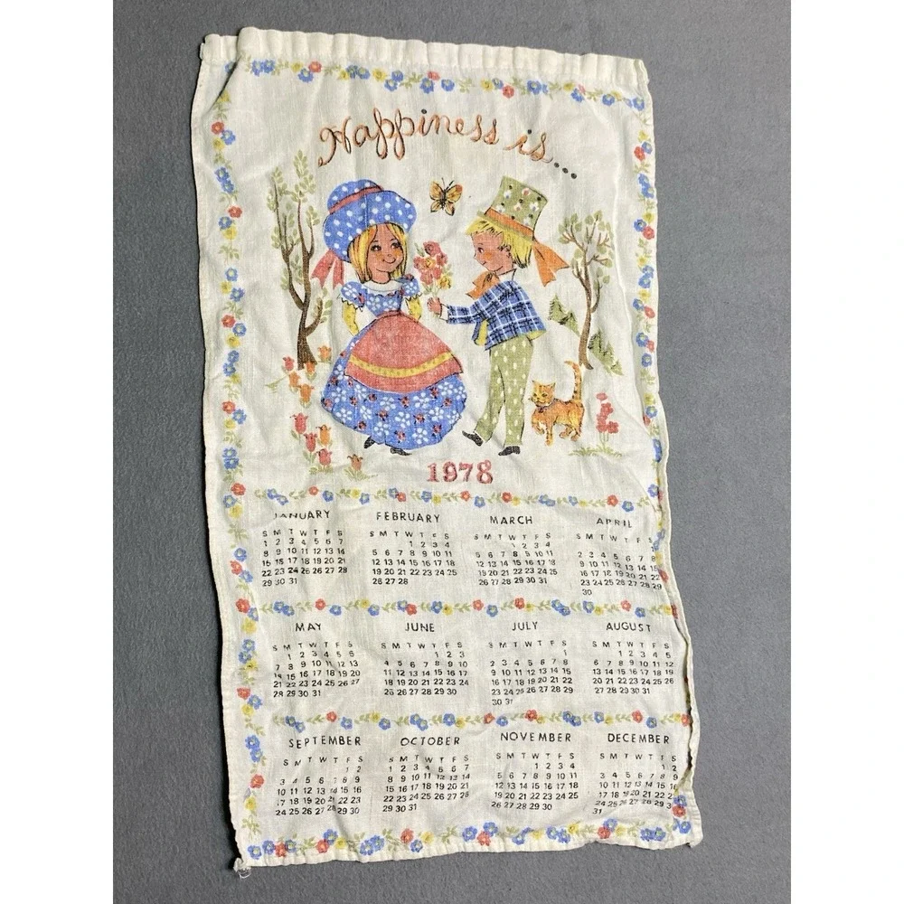 Vintage 1978 Calendar Dish Towel Boy & Girl Birth Year